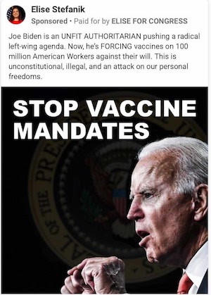 Stefanik running ads that say "STOP VACCINE MANDATES"