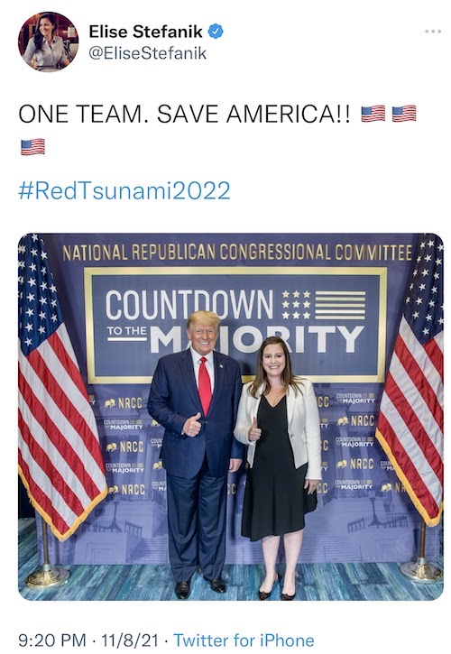 Elise Stefanik Tweets: "ONE TEAM. SAVE AMERICA #RedTsunami2022"