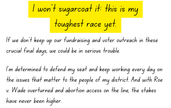 I won’t sugarcoat it, team: this is my toughest race yet. If we don’t keep up our fundraising and voter outreach in these crucial final days, we could be in serious trouble.  I’m determined to defend my seat and keep working every day on the issues that matter to the people of my district. And with Roe v. Wade overturned and abortion access on the line, the stakes have never been higher.