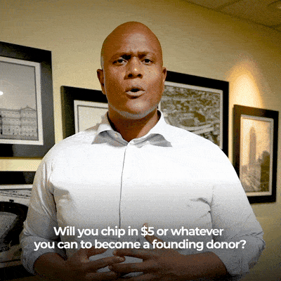 GIF of Joe Tate saying "Will you chip in $5 or whatever you can to become a founding donor?"