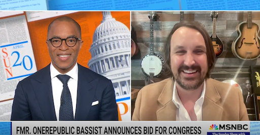 Tim Meyers on MSNBC with the caption "FMR. OneRepublic Bassist Announces Bid For Congress".