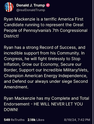 Donald Trump: "Ryan Mackenzie is a terrific American First candidate running to represent the Great People of Pennsylvania's 7th Congressional District!"