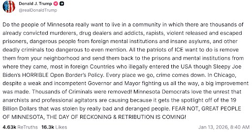 Trump January 13 Minnesota/ICE Tweet