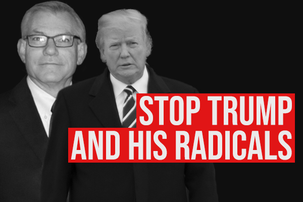 Graphic with a photo of Schweikert and Trump with text that reads: "STOP TRUMP AND HIS RADICALS"