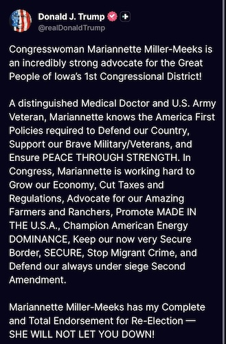 Donald Trump's Truth Social post endorsing Mariannette Miller-Meeks