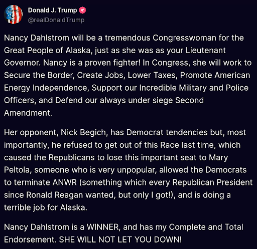 Trump Endorses Nancy Dahlstrom on Truth Social.