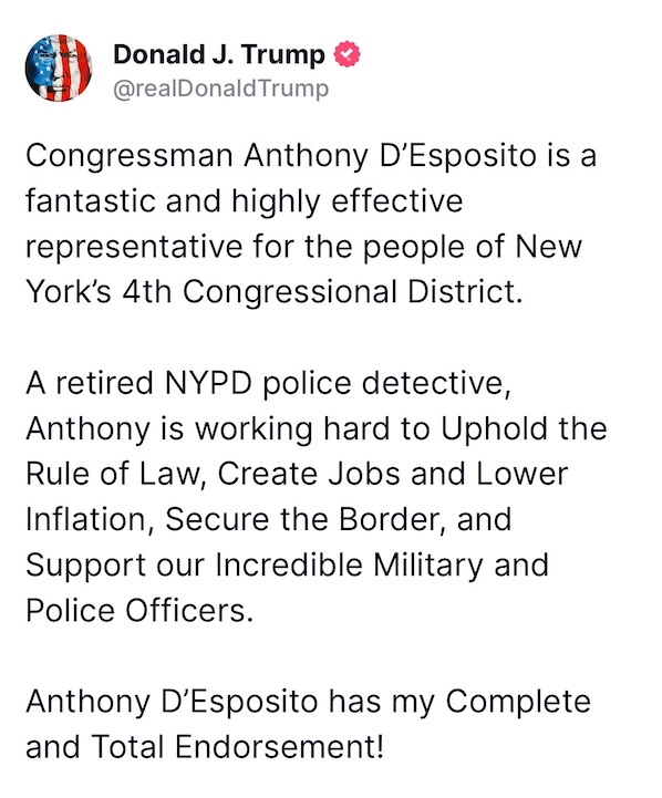 Donald Trump endorses Anthony D'Esposito