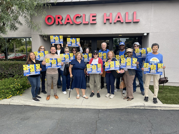 Linda Sanchez and supporters in front of Oracle Hall