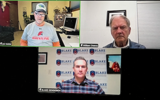 Zoom screenshot of Senator Jon Tester, Blake Gendebien, and Representative Bill Owens