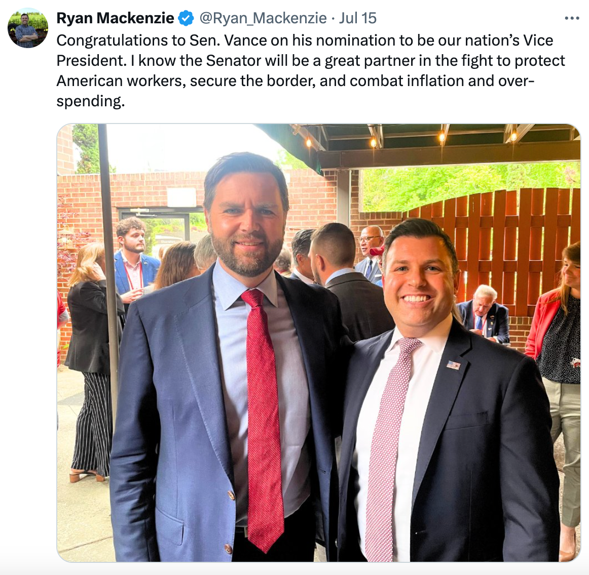 "Congratulations to Sen. Vance on his nomination to be our nation’s Vice President. I know the Senator will be a great partner in the fight to protect American workers, secure the border, and combat inflation and over-spending." - Ryan Mackenzie