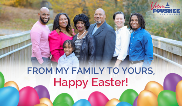 Photo of Valerie with her family with a frame over the photo saying From my Family to yours, Happy Easter!