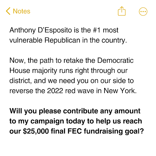 Anthony D’Esposito is the #1 most vulnerable Republican in the country. Now, the path to retake the Democratic House majority runs right through our district, and we need you on our side to reverse the 2022 red wave in New York.